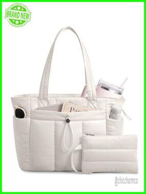 Puffy Tote Bag with Cup Holder Laptop Compartment Cosmetic Bag Trolley Sleeve